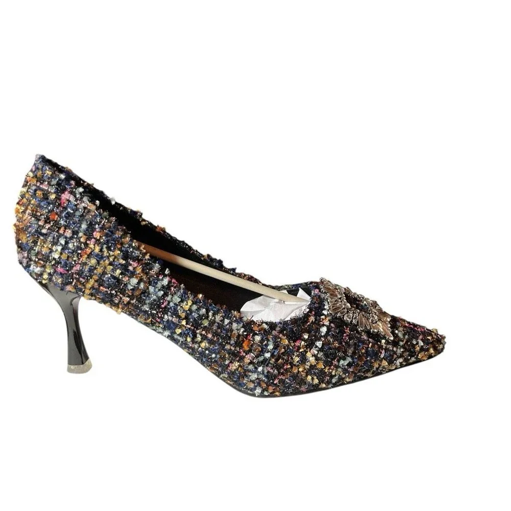 C. Paravano Olivia Pumps Multicolor Tweed Rhinestones 3” Heel Size 11